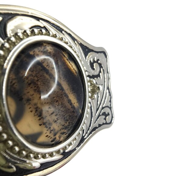 Western Belt Buckle Dendritic Agate Cabochon Silvertone Engraved Side Pieces - Picture 10 of 12